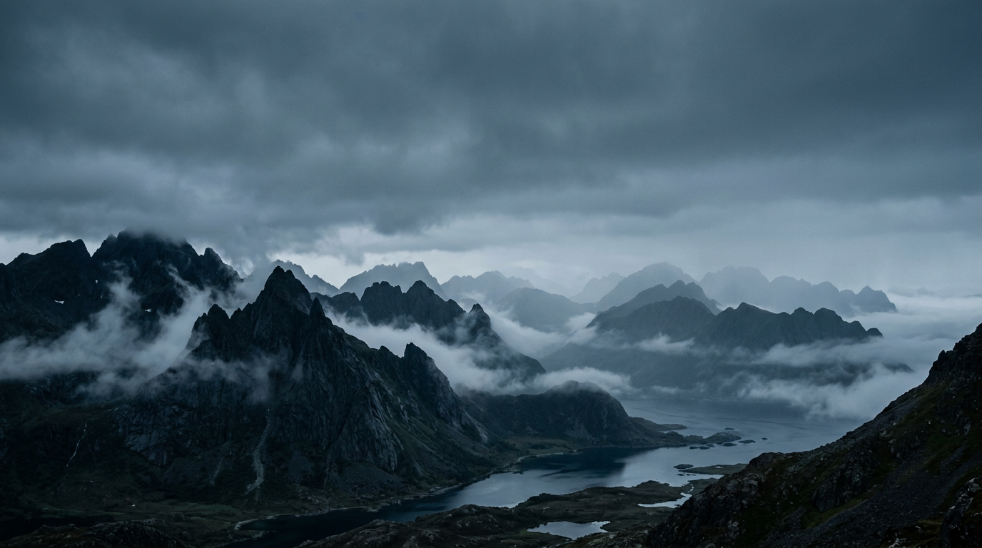 Nordnorsk fjellandskap med tåke over mørke fjellrygger